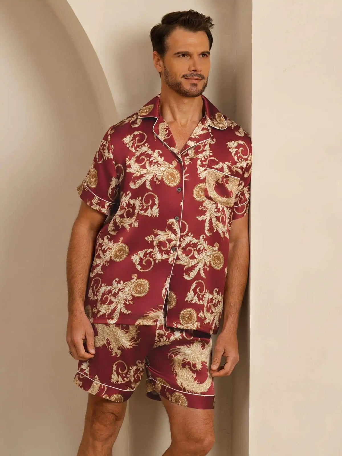 100% Mulberry Silk Men's Dragon Print  Short Sleeve Lapel Collar Pajamas Set