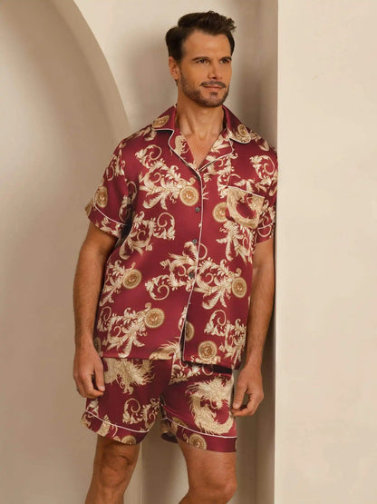 100% Mulberry Silk Men's Dragon Print  Short Sleeve Lapel Collar Pajamas Set