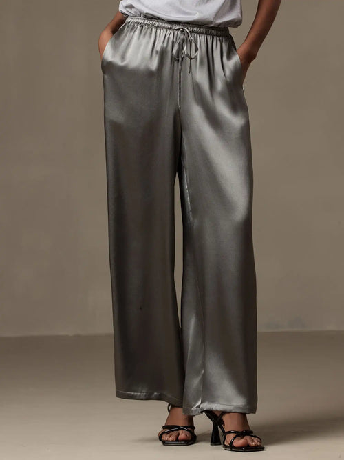 100% Mulberry Silk Wide Leg Women's Pants with Elastic Waist Design