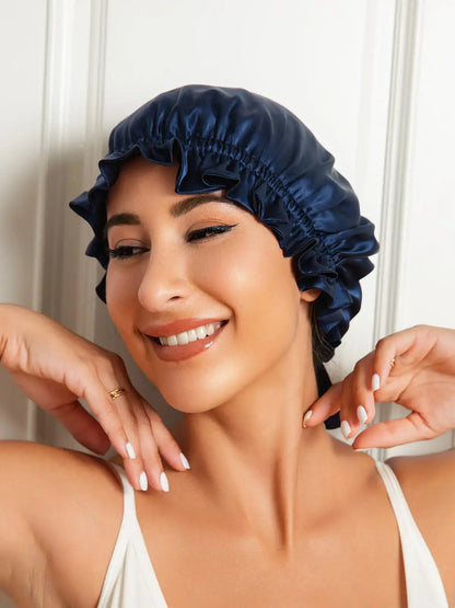 100% Mulberry Silk Sleep Cap Double Layer Bonnet with Ribbon