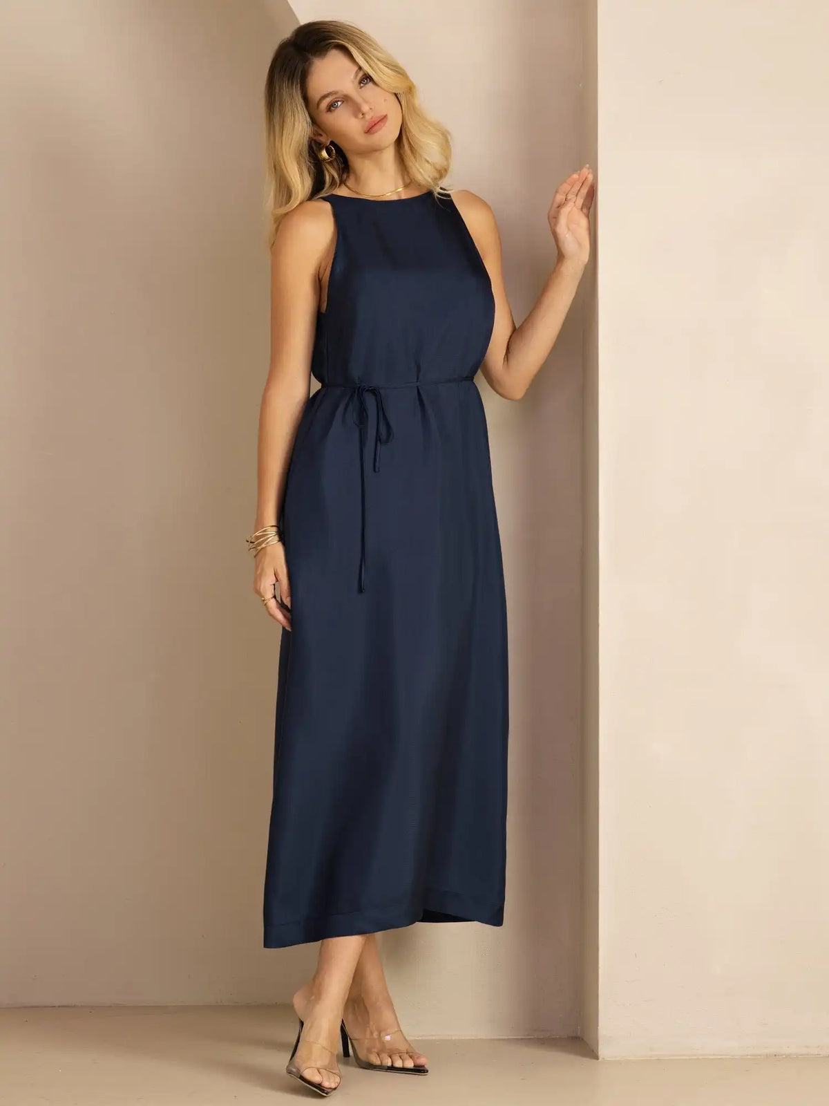 100% Mulberry Silk Crew Neck  Sleeveless Self-Tie Midi Dress