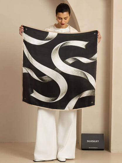 100% Mulberry Silk White Ribbon Square Scarf - Size 90x90cm