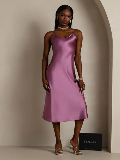 100% Mulberry Silk Spaghetti Strap V-neck Midi Nightgown