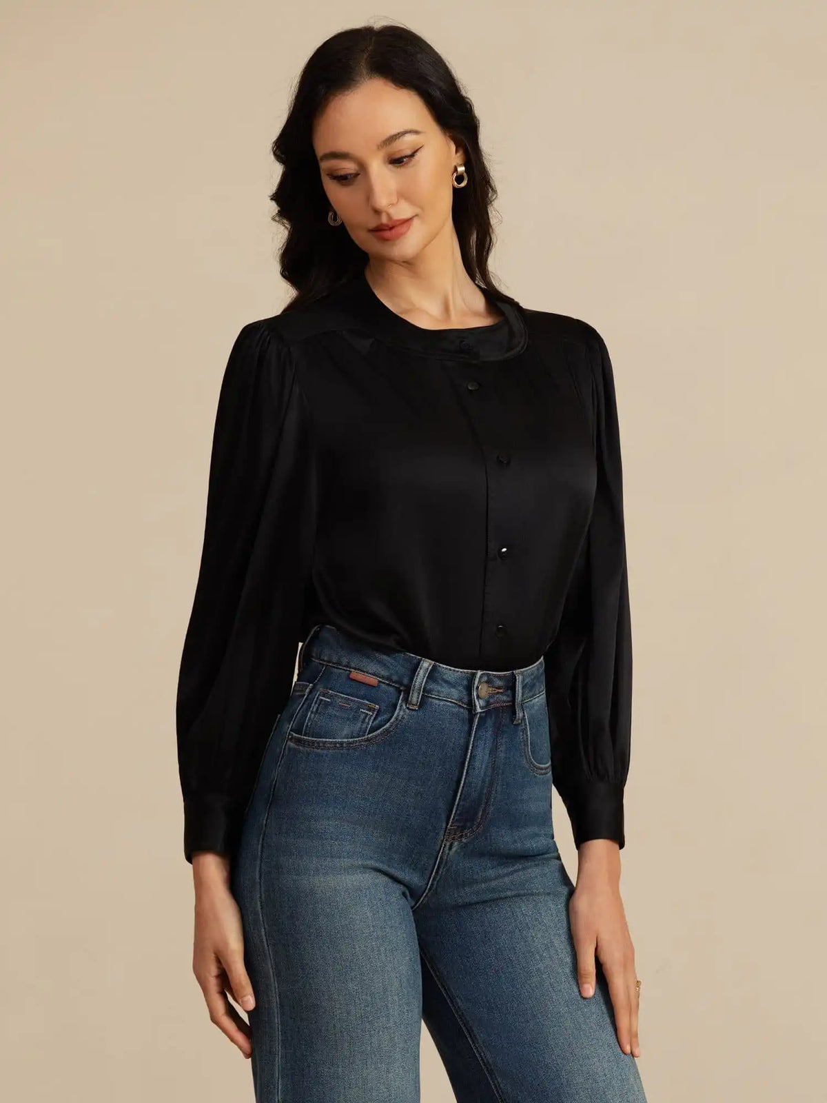 Clearance - 19Momme Silk Women's Round Neck Lantern Sleeve Blouse With Button Closure