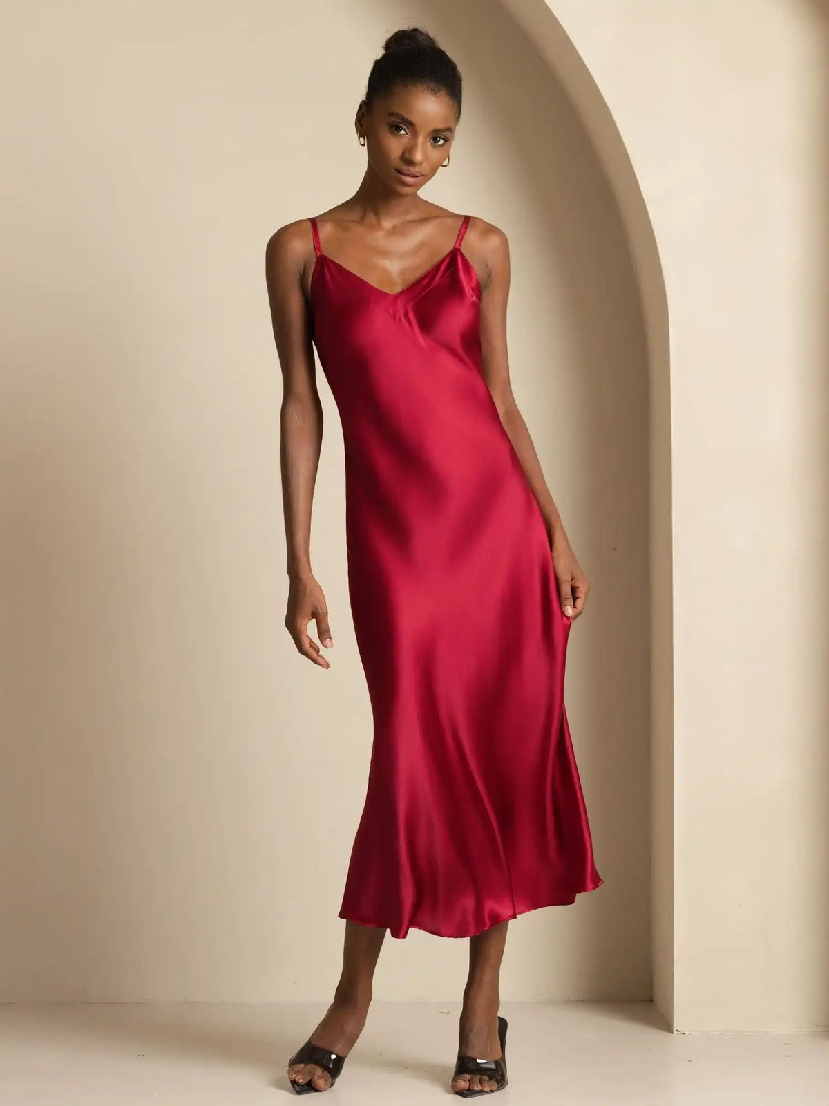 Pure Silk  V Neck Backless Spaghetti Strap Long Dress