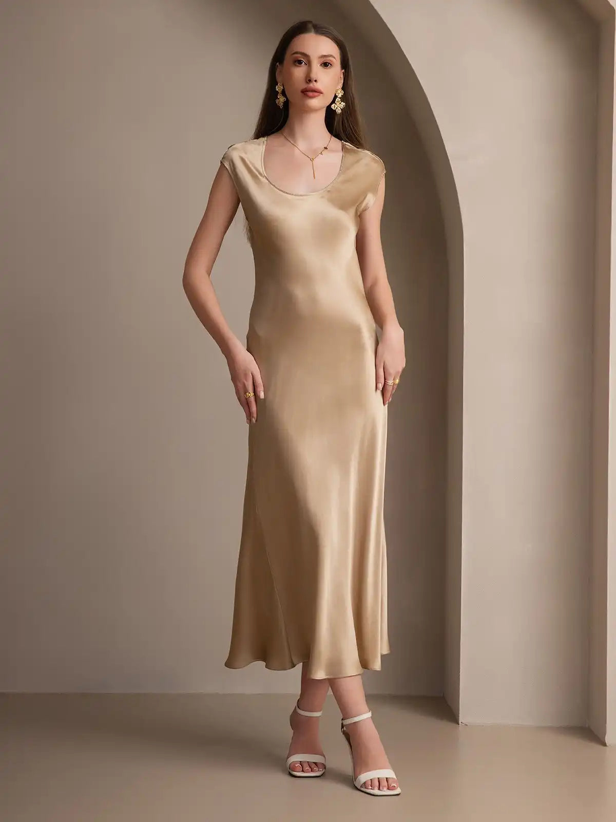 19Momme Silk Cap Sleeve Round Neck Midi Dress