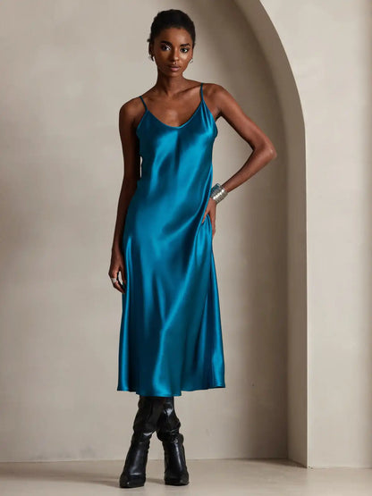 100% Mulberry Silk Spaghetti Strap Midi Long Dress