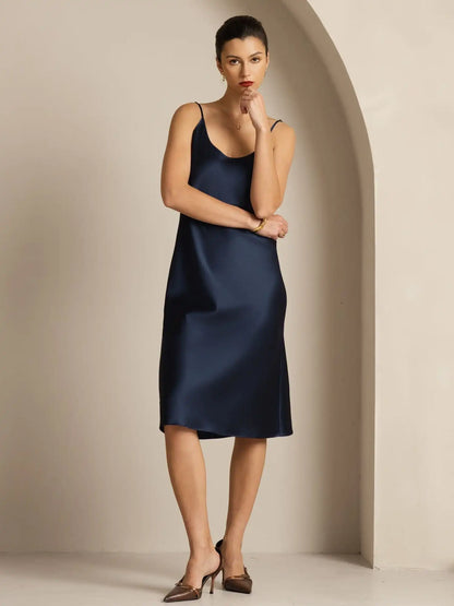 19Momme Silk Scoop Neck Backless Spaghetti Strap Midi Dress