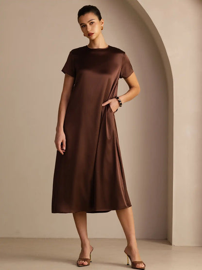 19Momme Silk Short Sleeve Crew Neck  Midi Dress With Side Pockets