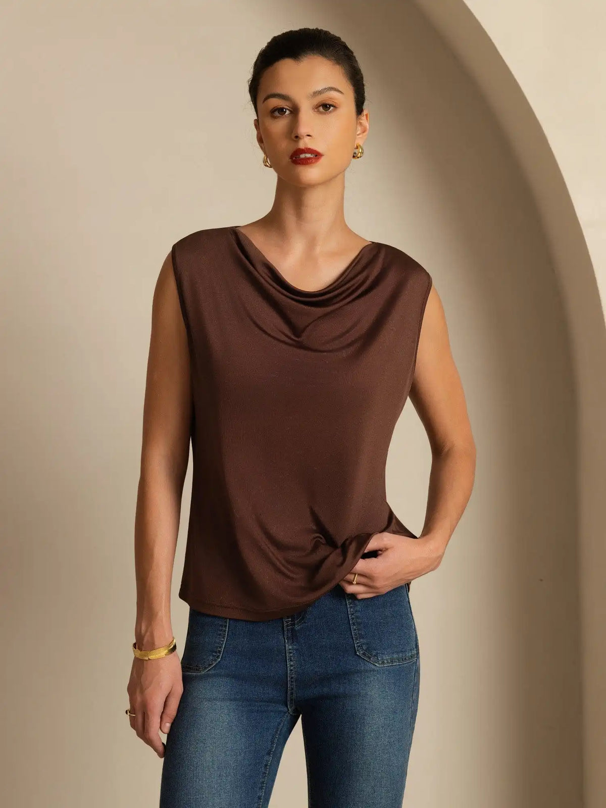 Clearance - Pure Silk  Women's Sleeveless Cowl Neck Basic Casual Top