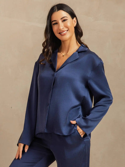 Clearance - 19Momme Washable Silk Long Sleeve Notch Collar Women's Pajamas Set