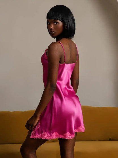 100% Mulberry Silk Spaghetti Strap Short Nightgown with Lace Split Design