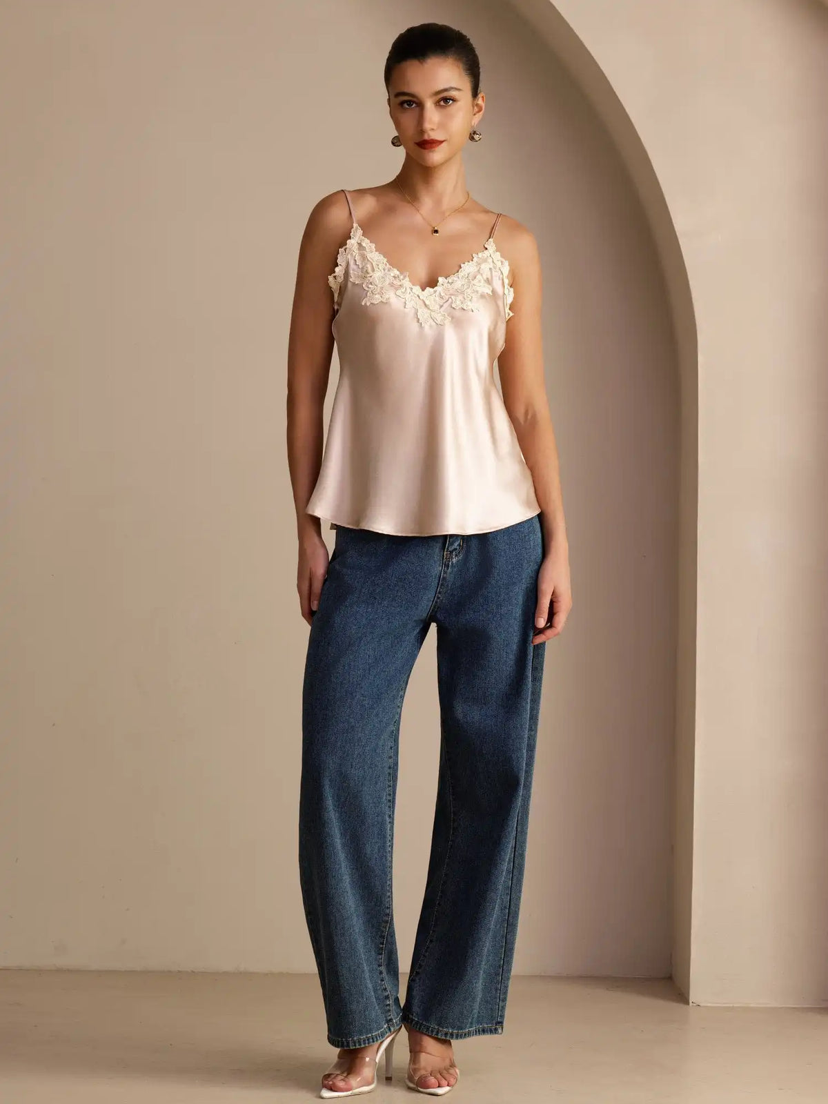 100% Mulberry Silk Spaghetti Strap  V-neck Lace Camisole Top