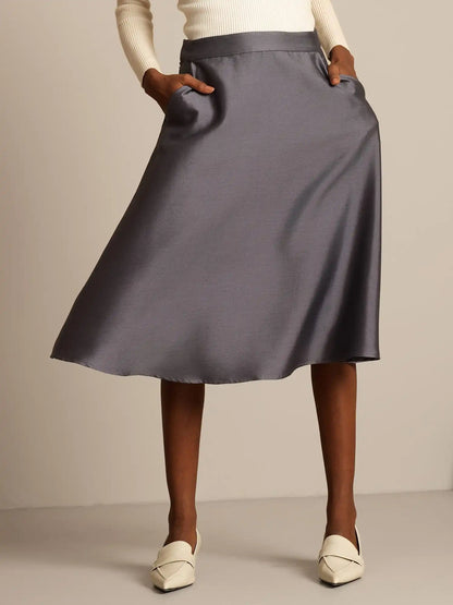 32Momme Silk-Wool Blend  A Line Midi Skirt with Zipper Deign