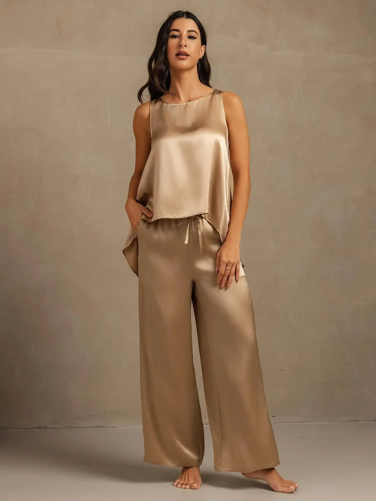 100% Mulberry Silk Sleeveless U-Neck Backless High-low Tank Top & Wide Leg Pants Set