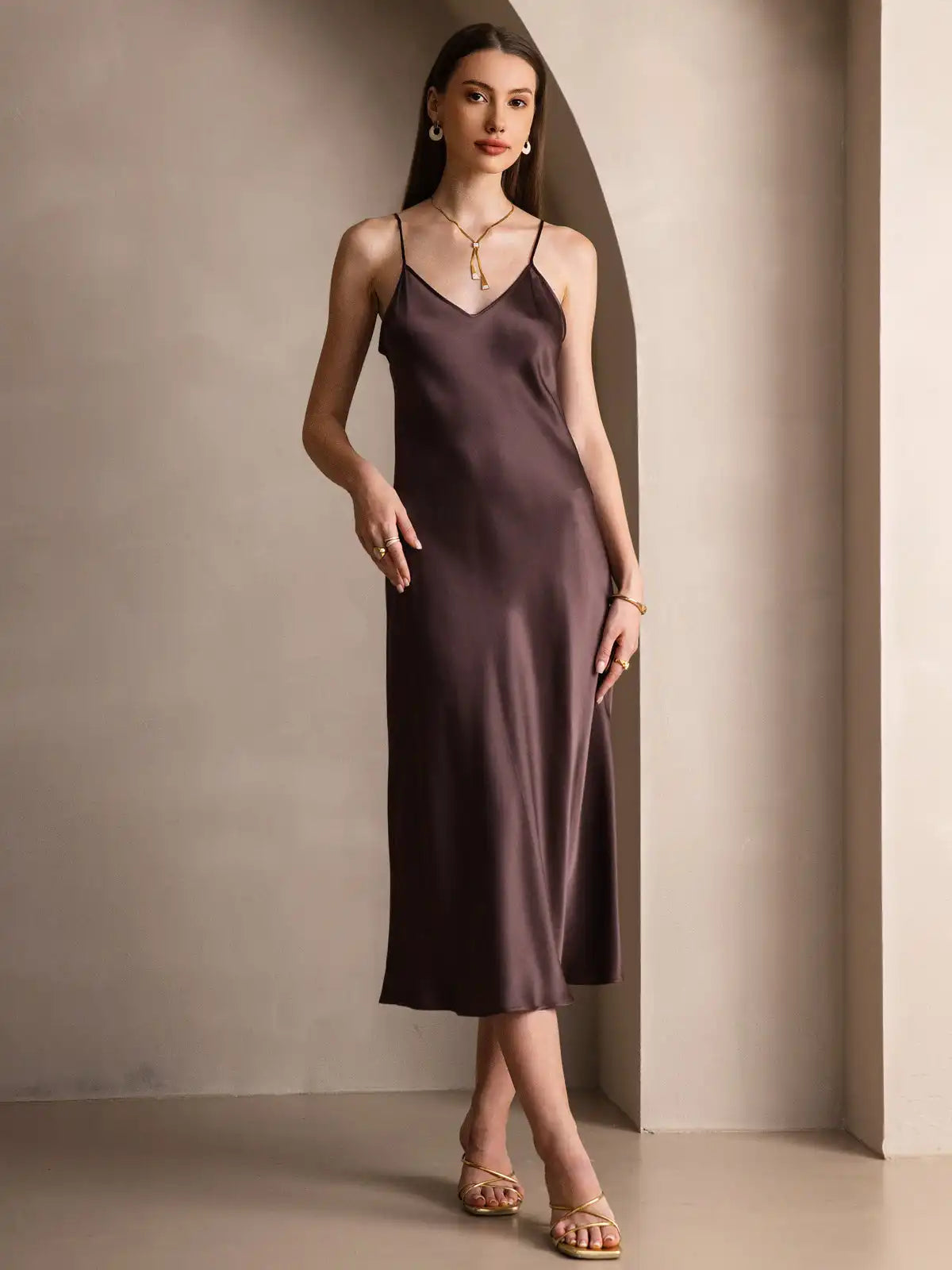 100% Mulberry Silk Spaghetti Strap Midi Long Dress