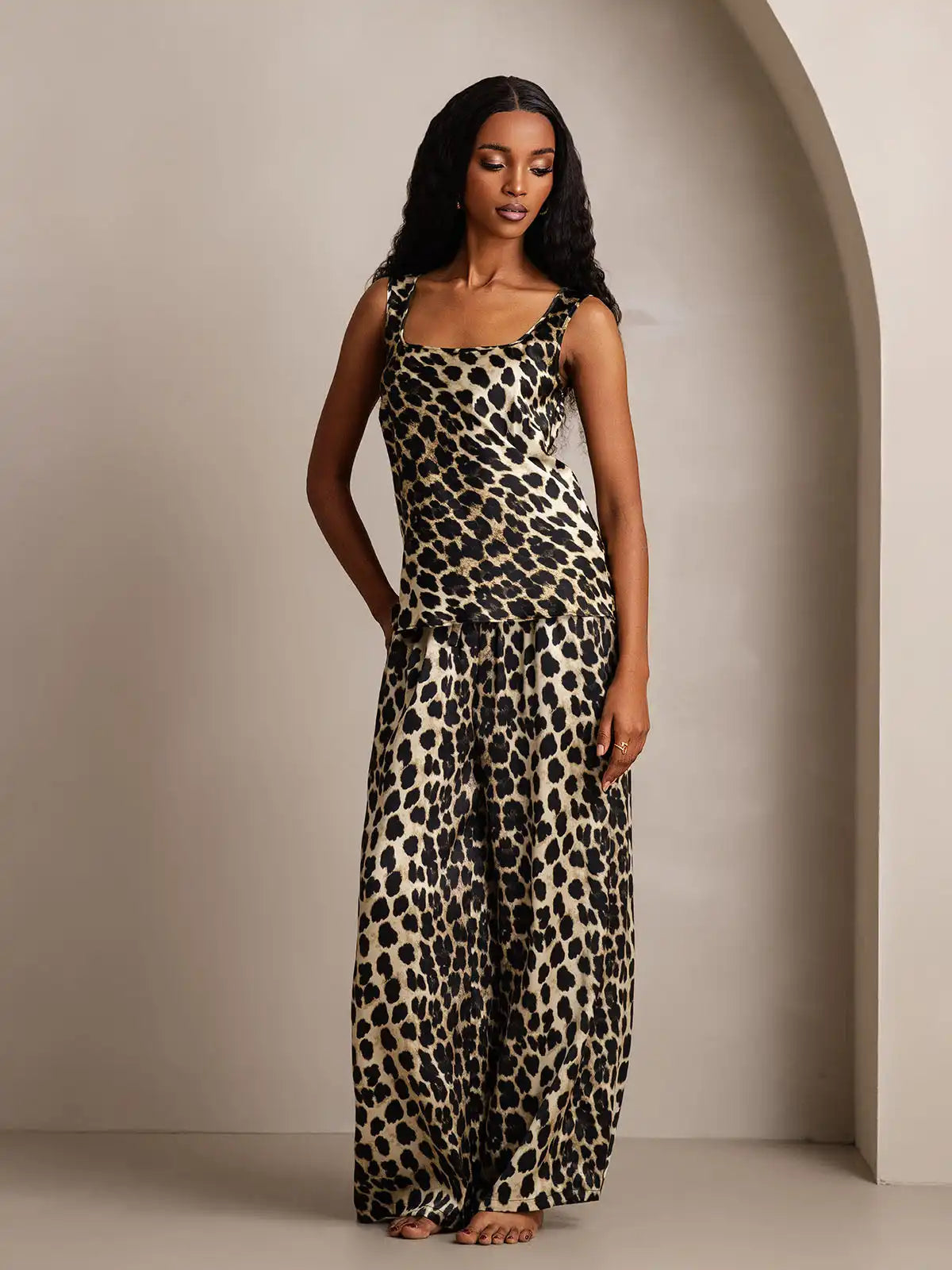 Women's 100% Mulberry Silk Leopard Print Square Neck Tank Top & Wide Leg Pants Set