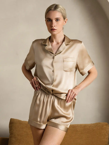 100% Mulberry Silk Short Sleeve Notch Collar Above the Knee Women's Pajamas Set