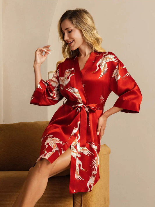 19Momme 100% Mulberry Silk Crane Print Belted Wrap Women's Kimono Robe