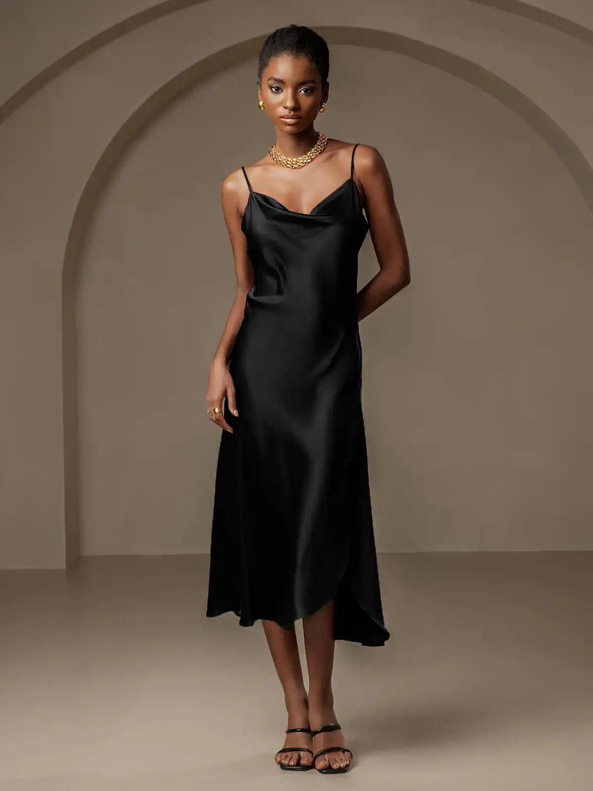 100% Mulberry Silk Spaghetti Strap Cowl Neck Bias Midi Dress with Split Design