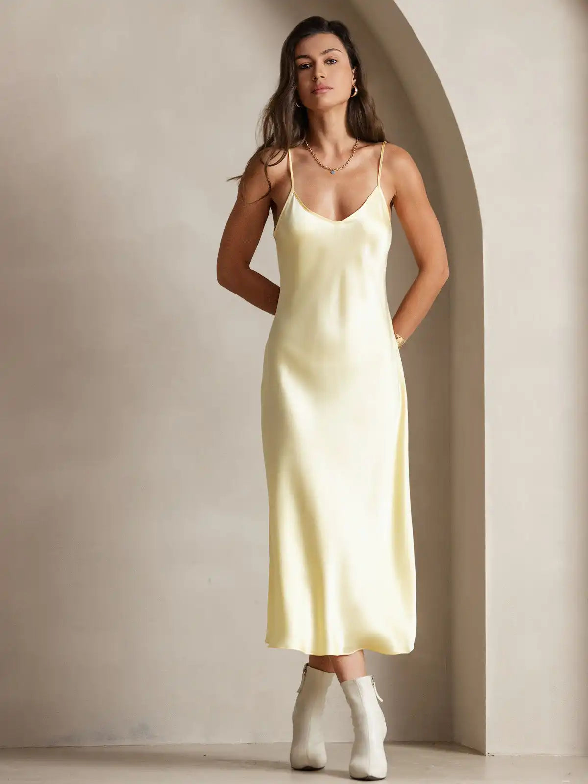 100% Mulberry Silk Spaghetti Strap Midi Long Dress