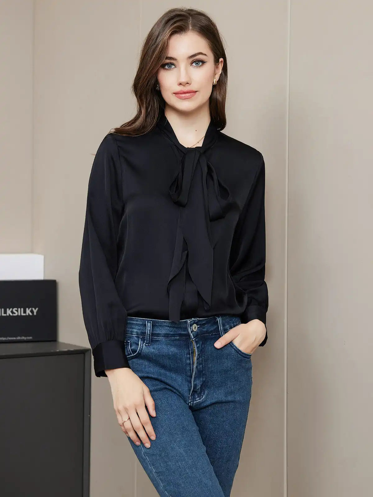 Clearance - Bow Tie Silk Blouse Shirt