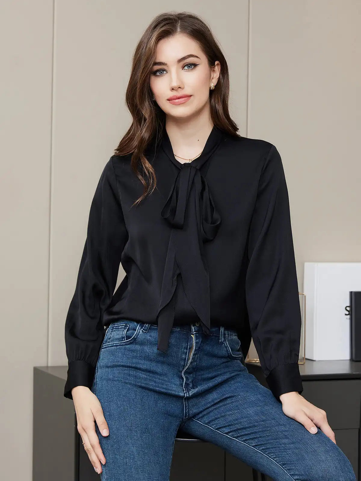 Clearance - Bow Tie Silk Blouse Shirt