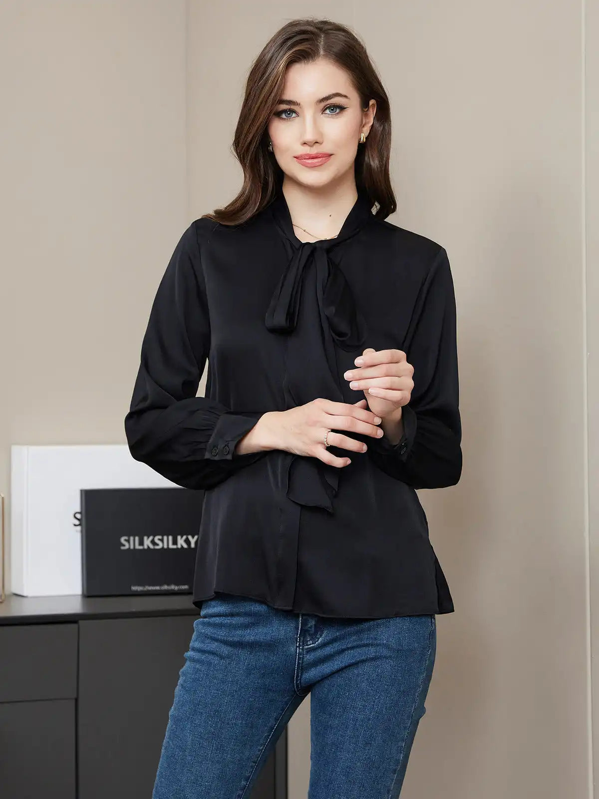 Clearance - Bow Tie Silk Blouse Shirt