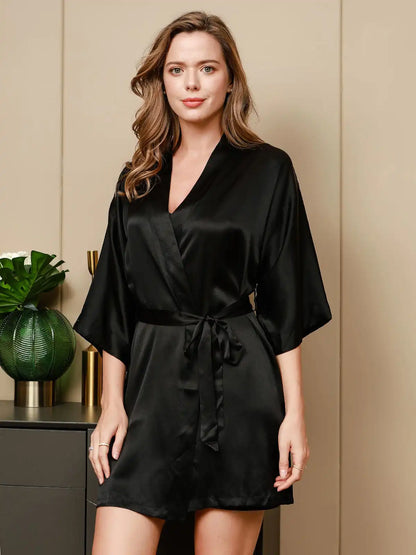 Clearance - 100% Mulberry Silk V Neck Short Nightgown&Robe Set