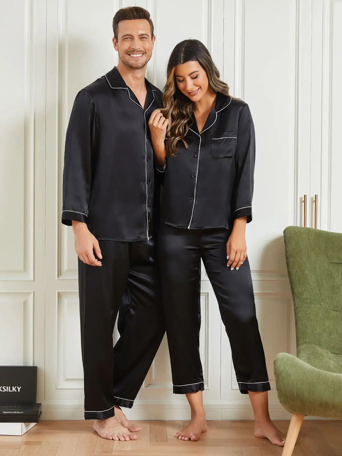 Couple 100% Mulberry Silk Long Pajamas Matching Set Total 4Pcs