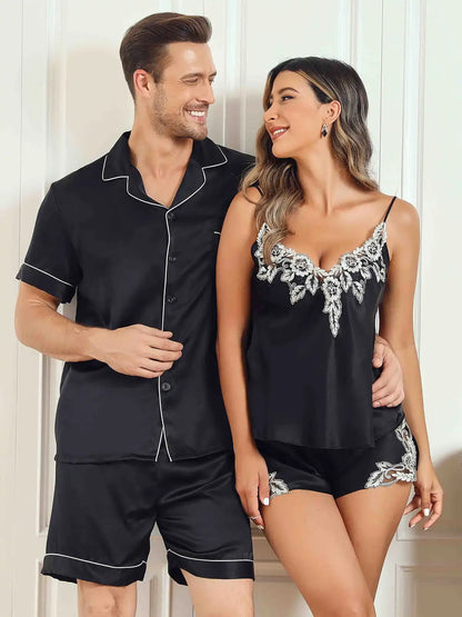 Couple 100% Mulberry Silk Short Pajamas Matching Set Total 4Pcs