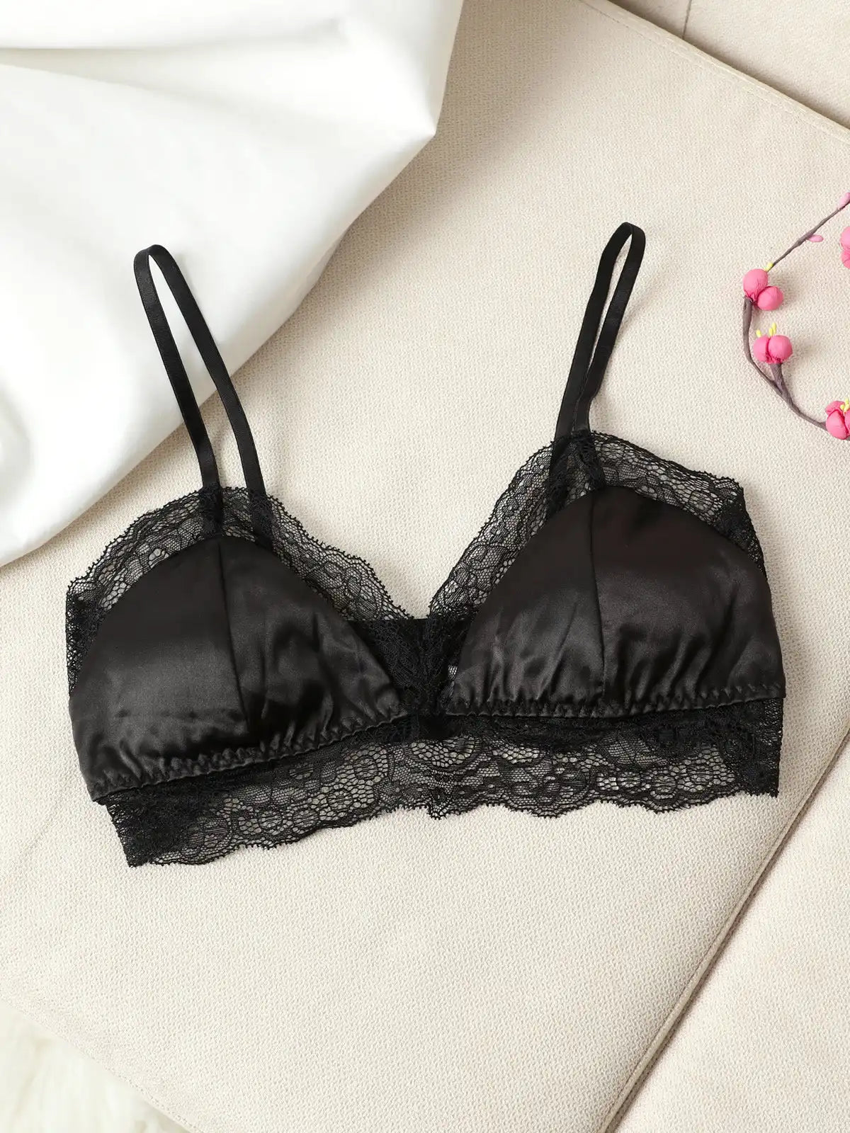 100% Mulberry Silk Lace Trimmed Bra with Adjustable Straps