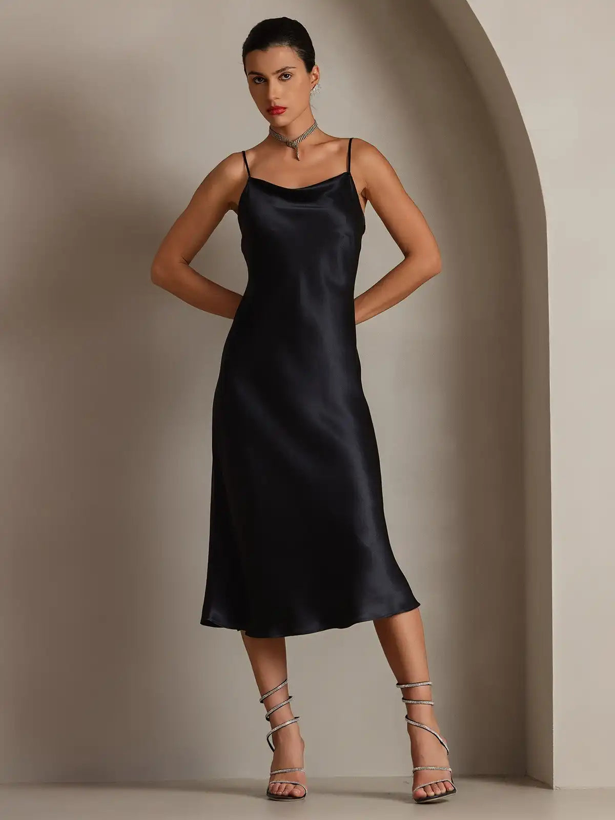 100% Mulberry Silk Cowl Neck Midi Dress