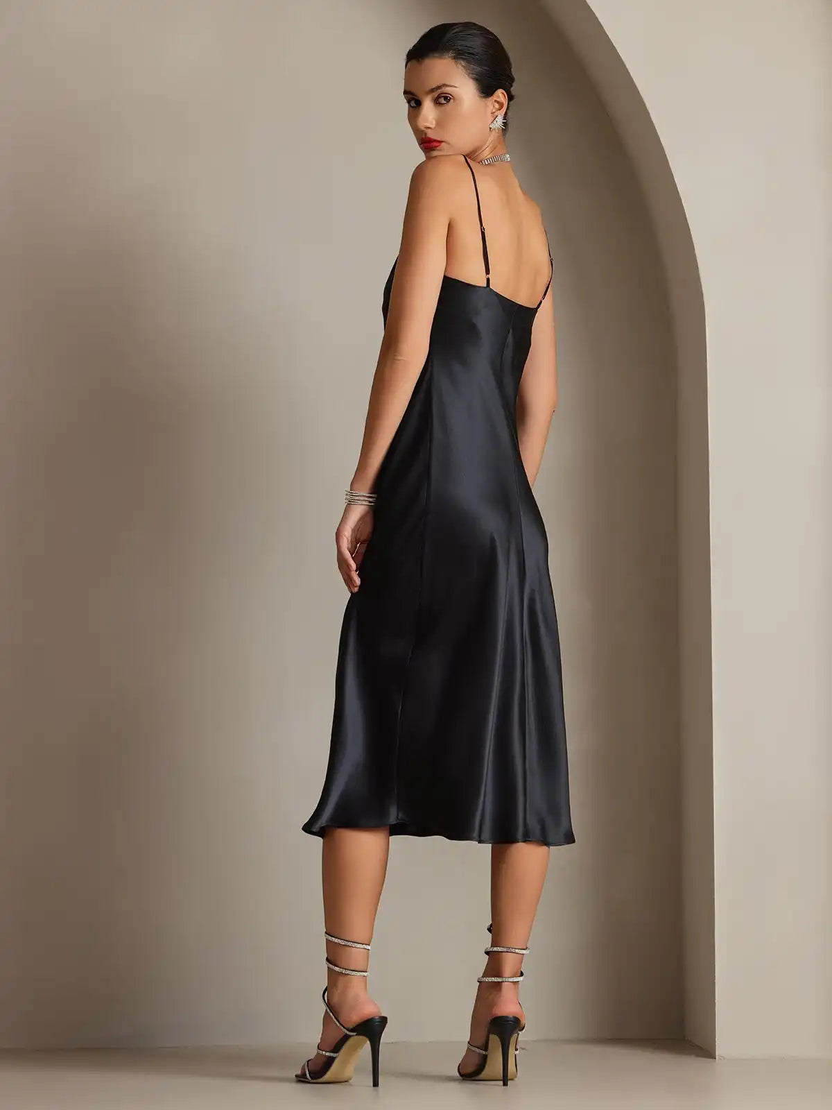 100% Mulberry Silk Cowl Neck Midi Dress