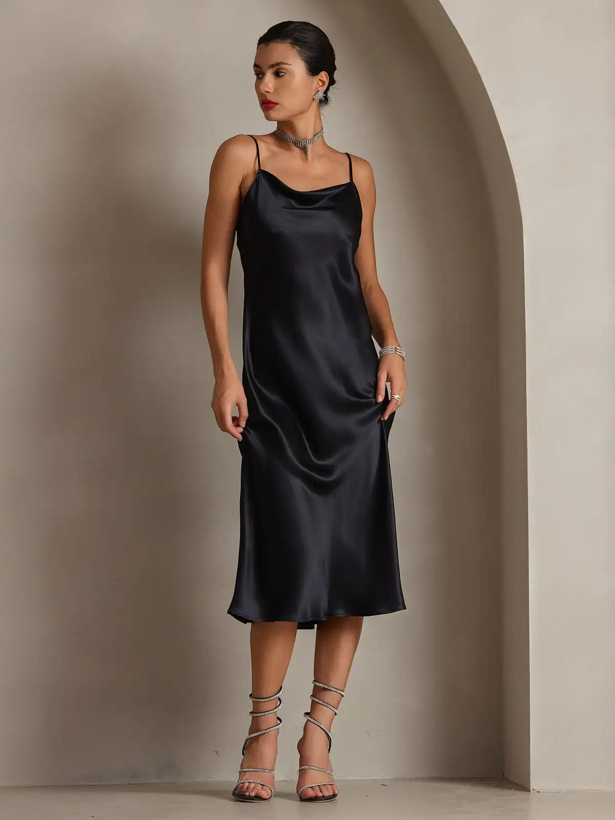 100% Mulberry Silk Cowl Neck Midi Dress