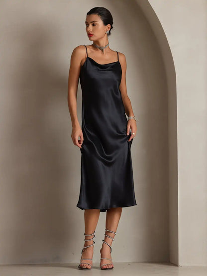 100% Mulberry Silk Cowl Neck Midi Dress