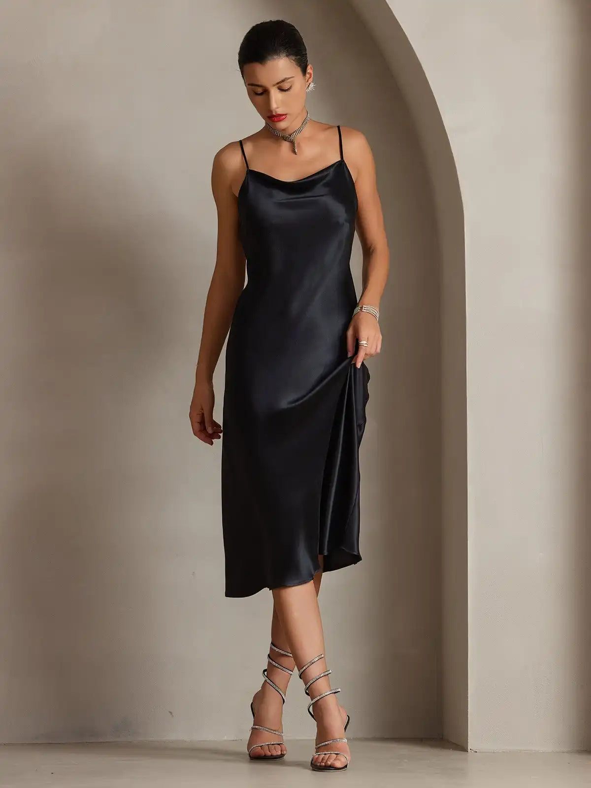 100% Mulberry Silk Cowl Neck Midi Dress