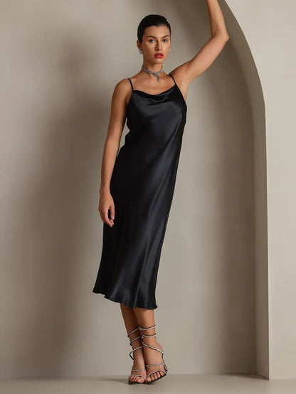 100% Mulberry Silk Cowl Neck Midi Dress