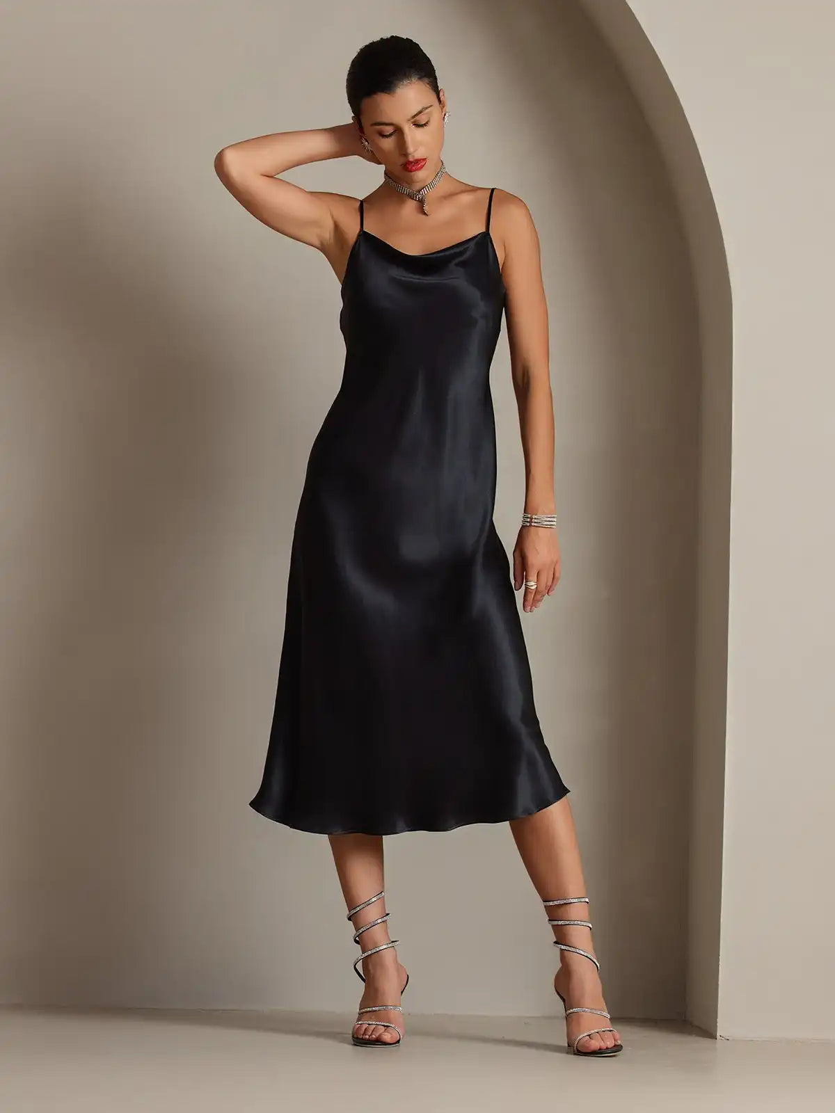 100% Mulberry Silk Cowl Neck Midi Dress