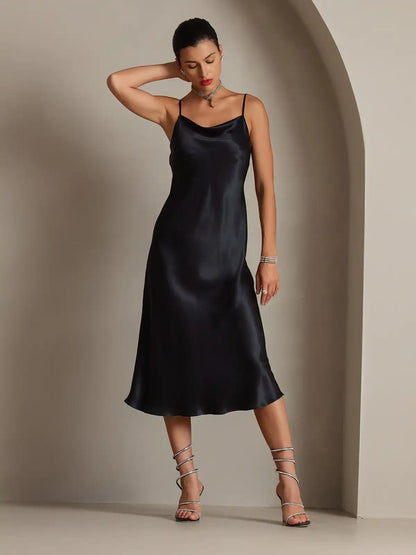 100% Mulberry Silk Cowl Neck Midi Dress
