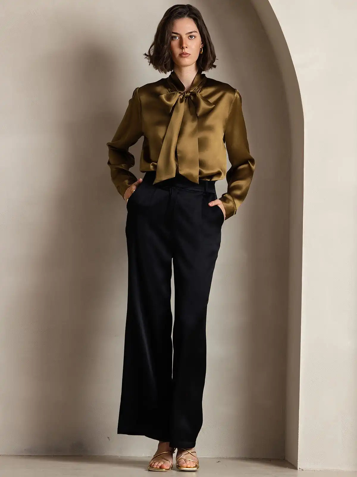 19Momme Silk Long Sleeve Tie Neck Elegant Blouse