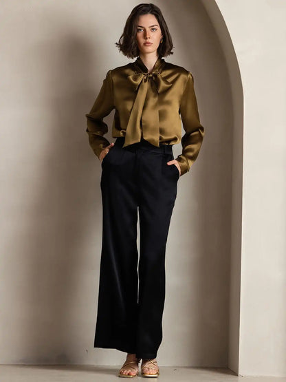 19Momme Silk Long Sleeve Tie Neck Elegant Blouse