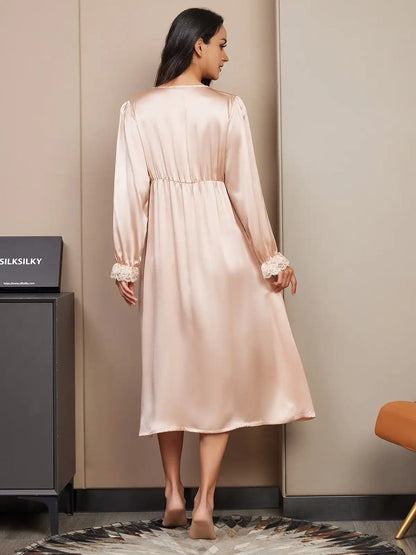 100% Mulberry Silk Long Sleeve V-neck Midi Nightgown with Lace Design
