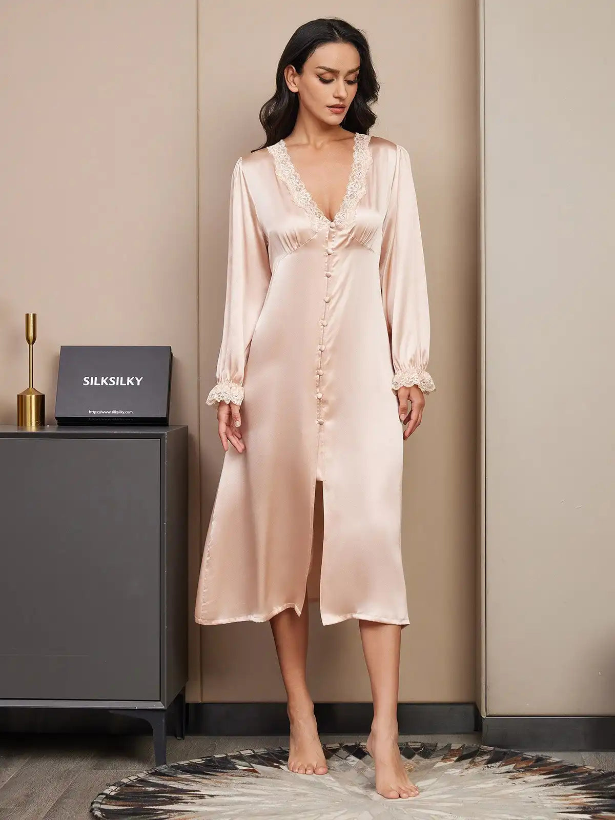 100% Mulberry Silk Long Sleeve V-neck Midi Nightgown with Lace Design