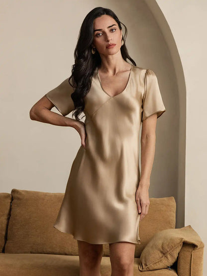 Women's 100% Mulberry Silk Puff Sleeve V-neck Short Nightgown