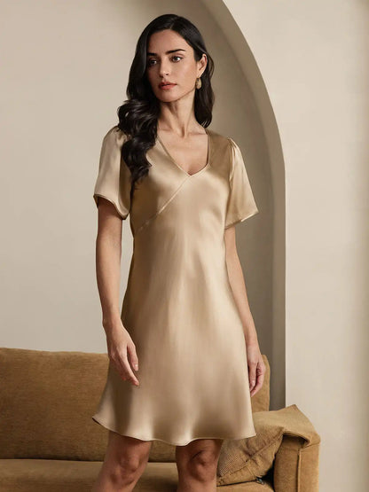 Women's 100% Mulberry Silk Puff Sleeve V-neck Short Nightgown