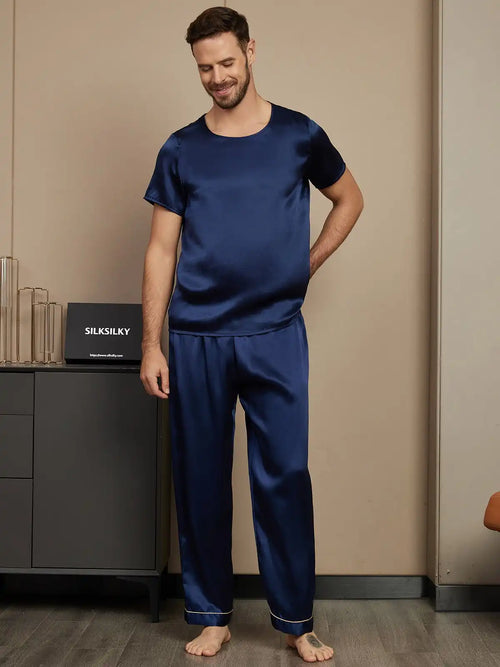 100% Mulberry Silk Short Sleeve Round Neck Men's Pajamas Set with Pants