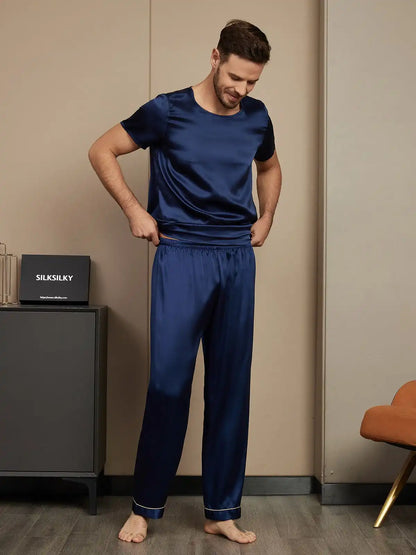 100% Mulberry Silk Short Sleeve Round Neck Men's Pajamas Set with Pants