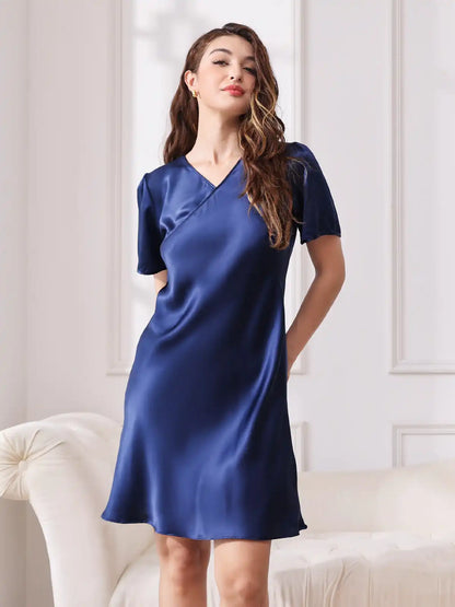 Women's 100% Mulberry Silk Puff Sleeve V-neck Short Nightgown