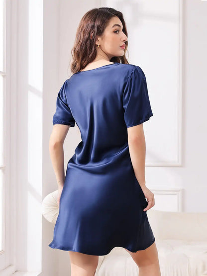 Women's 100% Mulberry Silk Puff Sleeve V-neck Short Nightgown
